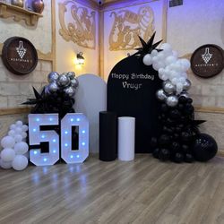 🎈50th Birthday Balloon Backdrop Celebration With Letters And Cake Stand