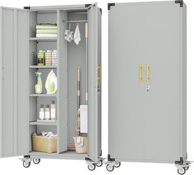 71" Rolling Lockable Metal Broom Closet Storage Cabinet, Grey White Built-in Hooks & Hanging Rods, Tall Freestanding Cleaning Tool Cabinet for Garage,
