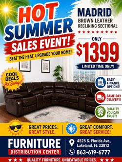 Limited time sale. Madrid brown leather reclining sectional only $1399. Easy finance option. Same-day delivery.