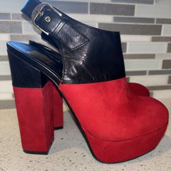 New Dolce Vita Joanna Slingback Platform Clog Red Black Suede Leather Shoe Heel