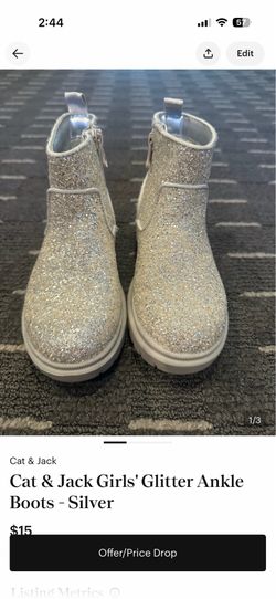 Cat & Jack Girls' Glitter Ankle Boots, Silver, Size 8