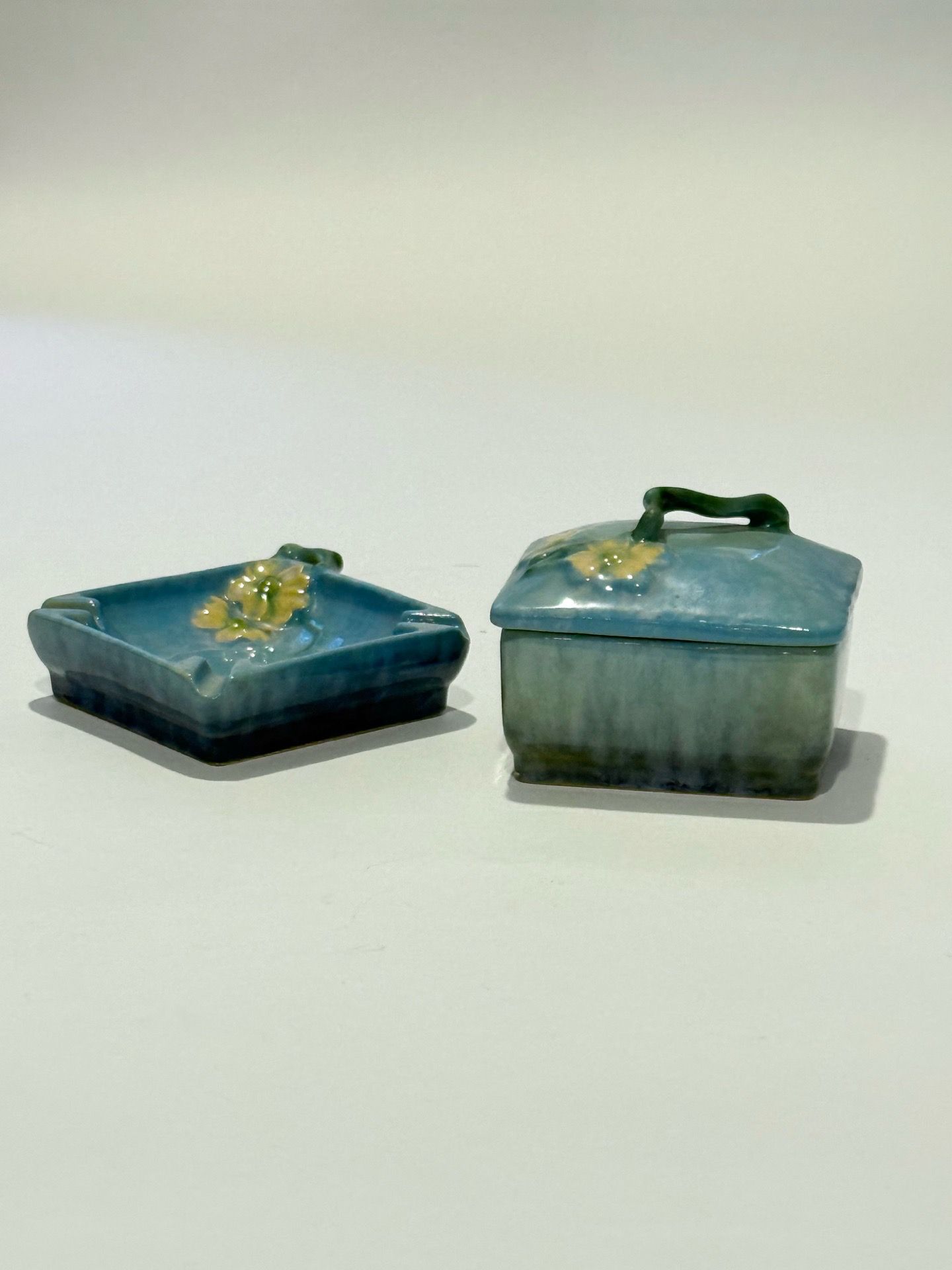 Roseville Wincraft Blue Ashtray and Cigarette Box