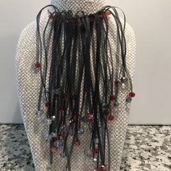 Red & White Crystals Waterfall Black Mash Necklace
