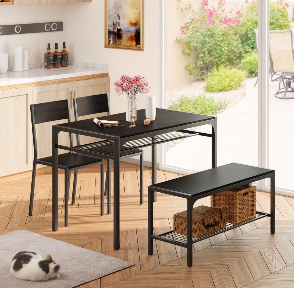 Black Table With 2 Chairs & Bench