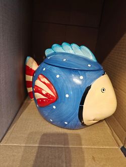 Coco Dowley Blue Fish Cookie Jar Ceramic Nautical Coastal Whimsical Vintage