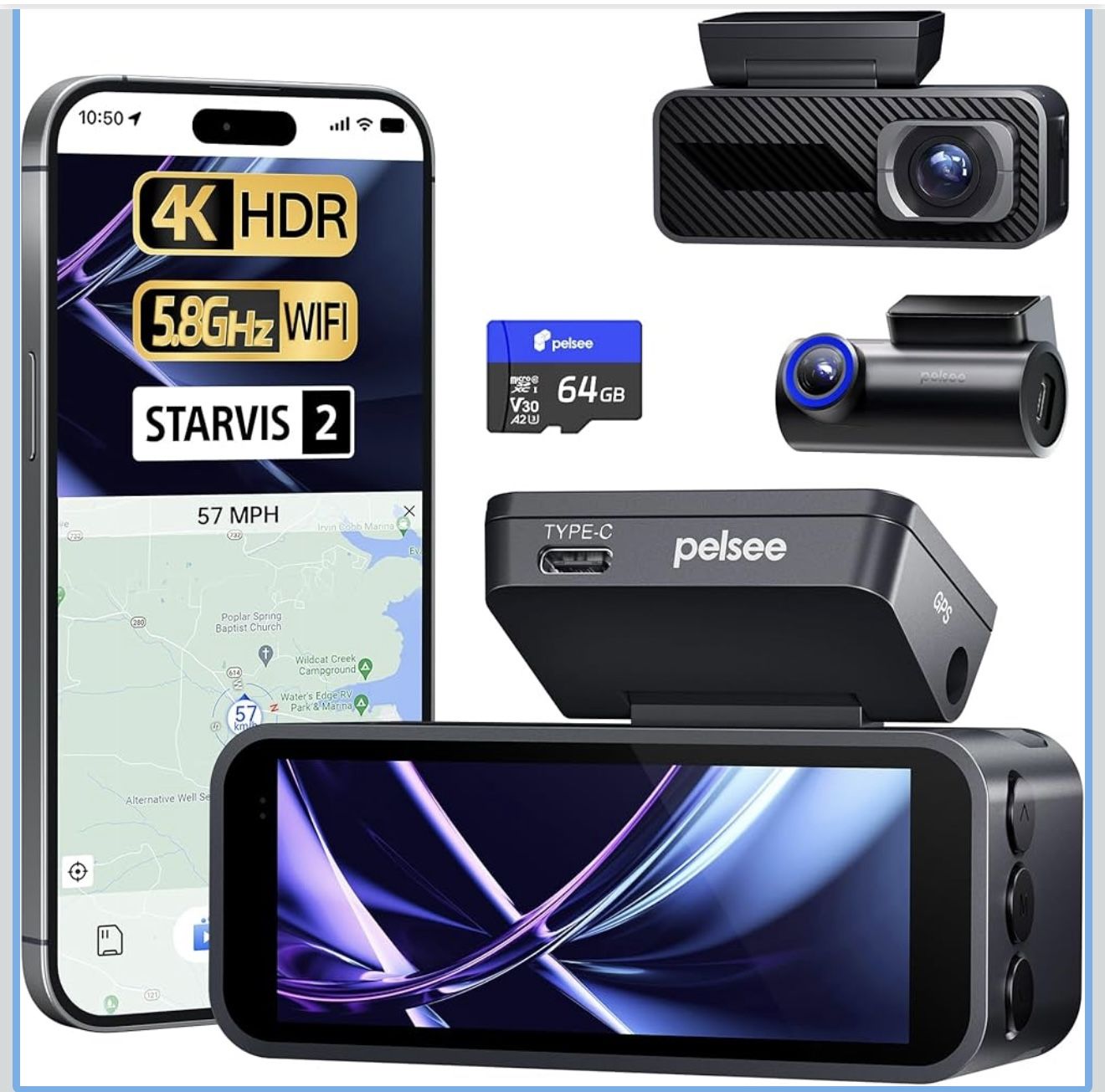 Pelsee P1 Pro Dash Cam Front and Rear, STARVIS 2 Sensor, 4K Dual Dash Camera for Cars with Full-Color Night Vision, HDR WDR, ADAS, GPS, WiFi & Voice C