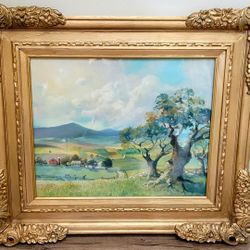 Vintage Lynne Ruza American Rural Landscape Mid Century Oil Painting 30x26