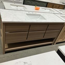 61'' Solid Wood Bathroom Vanity Cabinet with Stone Countertop (Open Box)