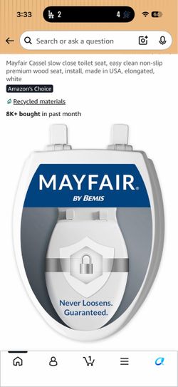 Mayfair Cassel slow close toilet seat, easy clean non-slip premium wood seat, install, made in USA, elongated, white
