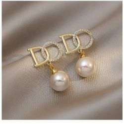 Pearl Earrings For Women Letter D Zircon Gold 