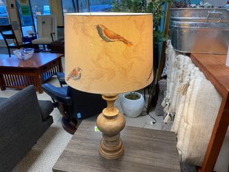 Tan Textured Table Lamp w/ Bird Illustrated Drum Shade