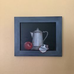 Country Painting of pewter and apple 12.5 x 10.5