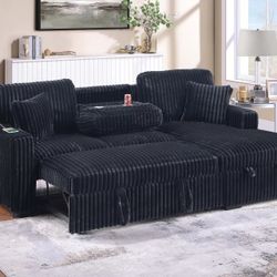✅️✅️2 pc Black fur like corduroy fabric sectional sofa with pop up sleep area and storage chaise drop down tray table USB ports✅️