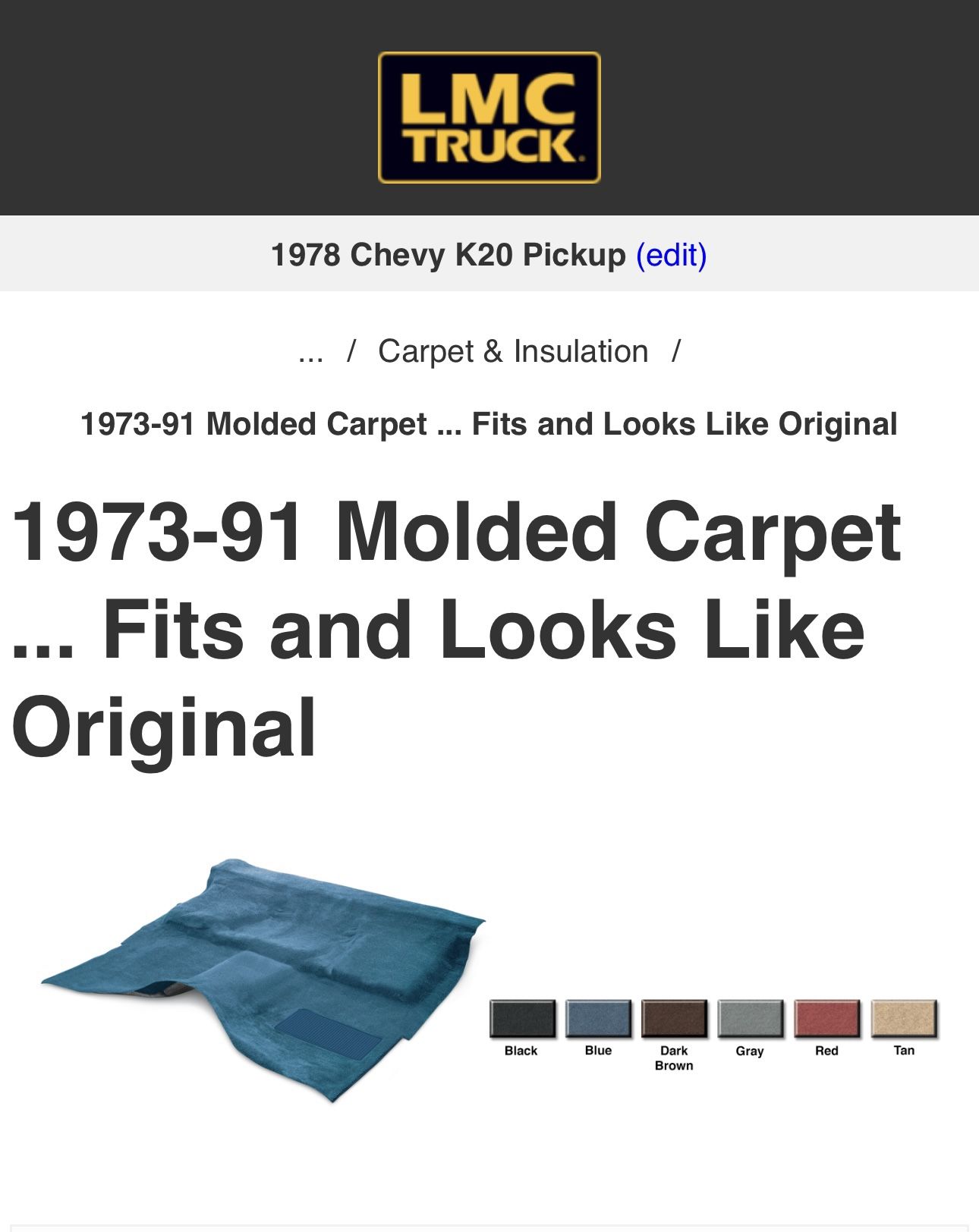 *NEW* LMC BLUE MOLDED CARPET CHEVY STANDARD CAB 73-80