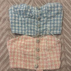 Tweed Strapless Crop Tops with Pearl Buttons – Set of 2