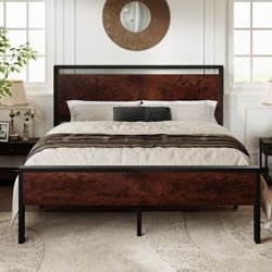 14 Inch Queen Size Metal Platform Bed Frame with Wooden Headboard and Footboard, Mattress Foundation, No Box Spring Needed, Large Under Bed S