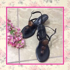 SANDAL BLACK MINI WEDGE BROWN CIRCLES BOHO FLAT SUMMER VACATION CHIC WOMAN LADY PRETTY WOOD BLACK FUN