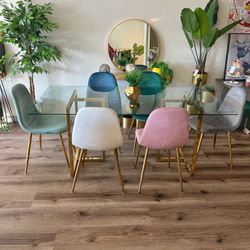Modern Velvet Gold Glass Dining Set For 6