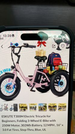 ESKUTE T300M Electric Tricycle for Beginners, Folding 3-Wheel E-Bike with 250W Motor, 302Wh Battery, 12 MPH , 16" x 3.0 Fat Tires, Step-Thru, Blue, UL