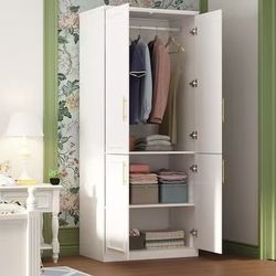 FUFU&GAGA White Armoire 4-Door-Wardrobe-Closet-with-Metal-Rods-and-Storage-Shelves。 