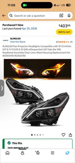 ALMULOO Pair Projector Headlights Compatible with 10-13 Infiniti G37 & 11-12 G25 & 15 Q40 w/Sequential LED Tube Bar DRL Headlamp Assembly Clear Lens+B