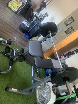 FULL OLYMPIC SET UP: olympic straight bar, (4) 10lb bumper plates, bench and squat rack NEW WORKOUT GYM EQUIPMENT