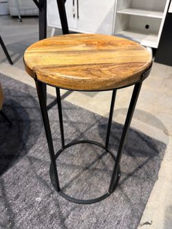 Industrial Round Wood Accent Table with Metal Frame – Rustic Modern - floor demo