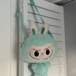 Cute Plush Teal Labubu Crossbody Bag With Zipper