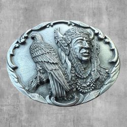 Vintage 1990 Siskiyou Pewter Belt Buckle Native American Eagle Buffalo USA P-89