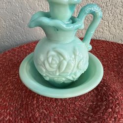 Avon Teal Pitcher With Stopper And Bowl Rose Embossed 