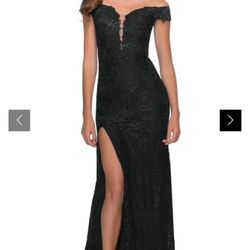 La Femme 29693 Stretch Lace Deep Off Shoulder black Trumpet Dress