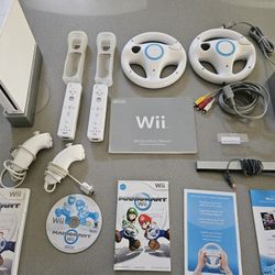 White Nintendo Wii Console, Accessories, Mario Kart Game 