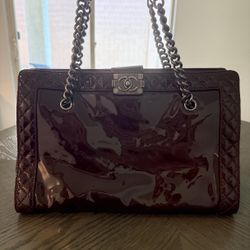 CHANEL Patent Leather Boy Reverso Tote Bag Burgundy