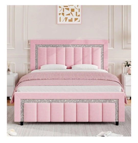 Queen Bed Frame with Headboard, Pink Velvet