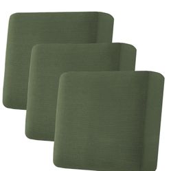 New olive green cushion covers come in a set of three. Material is a textured, stretchy waffle knit fabric.