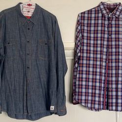 2 Men's casual button down long sleeve shirts. BANANA REPUBLIC(M) BIRDWELL BEACH BRITCHES(XL). As is