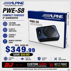 Alpine PWE-S8 Compact Powered Subwoofer 8" Bass Speaker 240 Watts 🚨 Payment Options Available 🚨 No Credit Needed 🚨