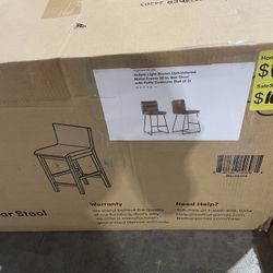 SaleSumo Aulani Light Brown Upholstered Metal Frame 30 in. Bar Stool with Puffy Cushions (Set of 2)