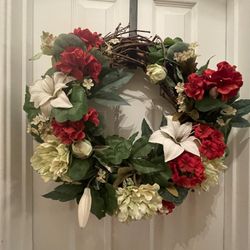Red, White Flower & Green Floral Wreath (Indoor/outdoor)