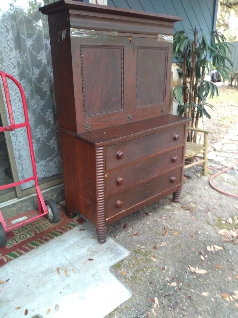 Antique Secretary With Key Locked Drop Down Top
