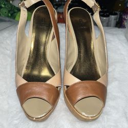 Tan and brown leather bakers wedges 