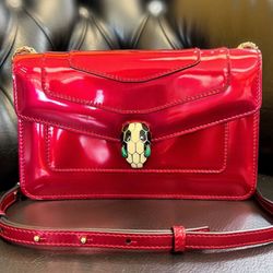 Bvlgari Serpenti Forever Square Crossbody Shoulder Bag Metallic Red Leather Small Tag& mirror