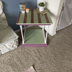 Hand Painted Bloomsbury Style Side Table- Solid Wood with two tiers and Metal legs
