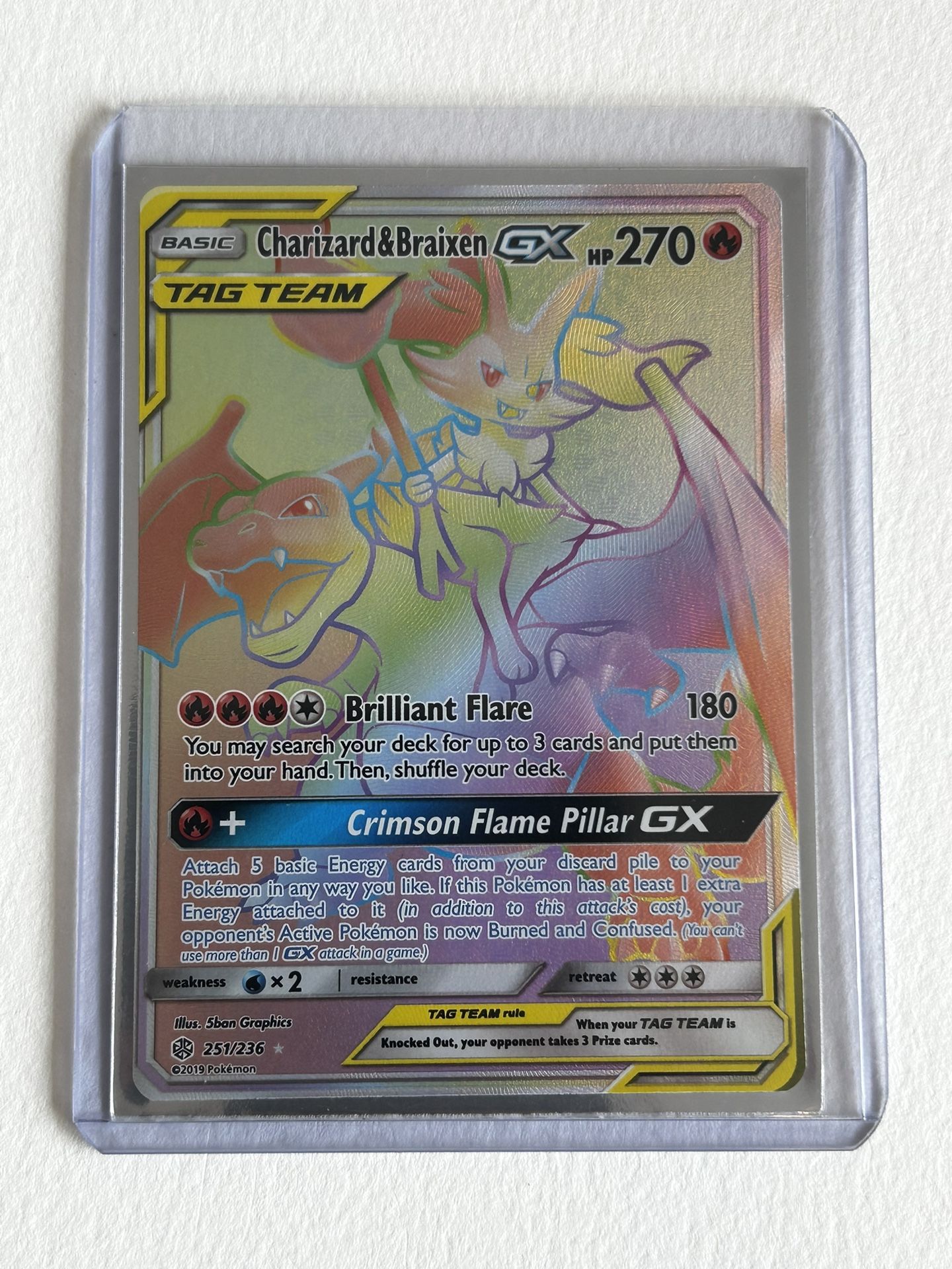 Charizard & Braixen GX - 251/236 Rainbow Secret Rare Cosmic Eclipse Tag Team Double Sleeved Pokémon card Near Mint or Better
