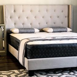 Brand New King Size Beige Tuffed Linen Platform Bed Frame With New Mattress/Fast Delivery