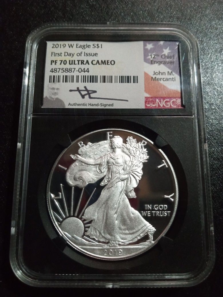 2019 W Eagle S$1 First Day Of Issue PF 70 Ultra Cameo - John Mercanti Hand Signed 