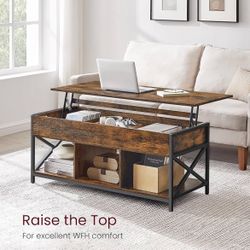 Lift Top Coffee Table, Lift Coffee Table with Storage Shelf, Hidden Compartments and Lifting Top, for Living Room, Office, 19.7 x 47.2 x (19.3-24.4) I