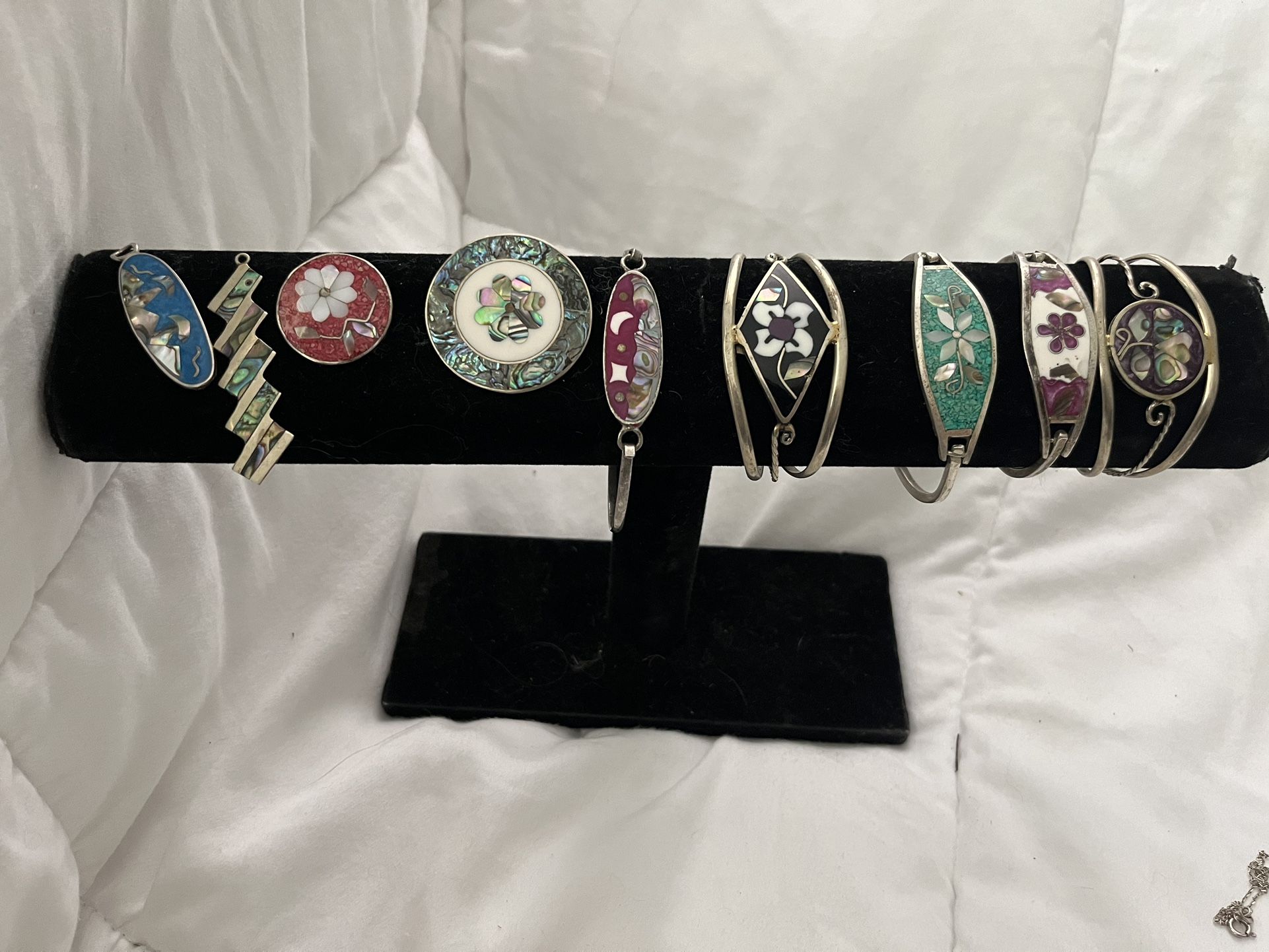 9 pc collection Mexico/alpaca Vintage Silver Cuffs & Misc