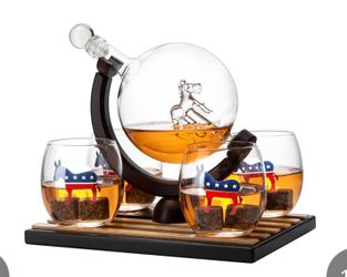 Democratic Party Wine & Whiskey Decanter Set, Proud Democrat Vote Blue Election Decor, Washington DC Politics Gift, 750ml With US Flag and 4 Glasses