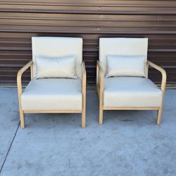 Mid- Century Cream Wood Frame Faux Leather Upholstered Accent Arm Chair